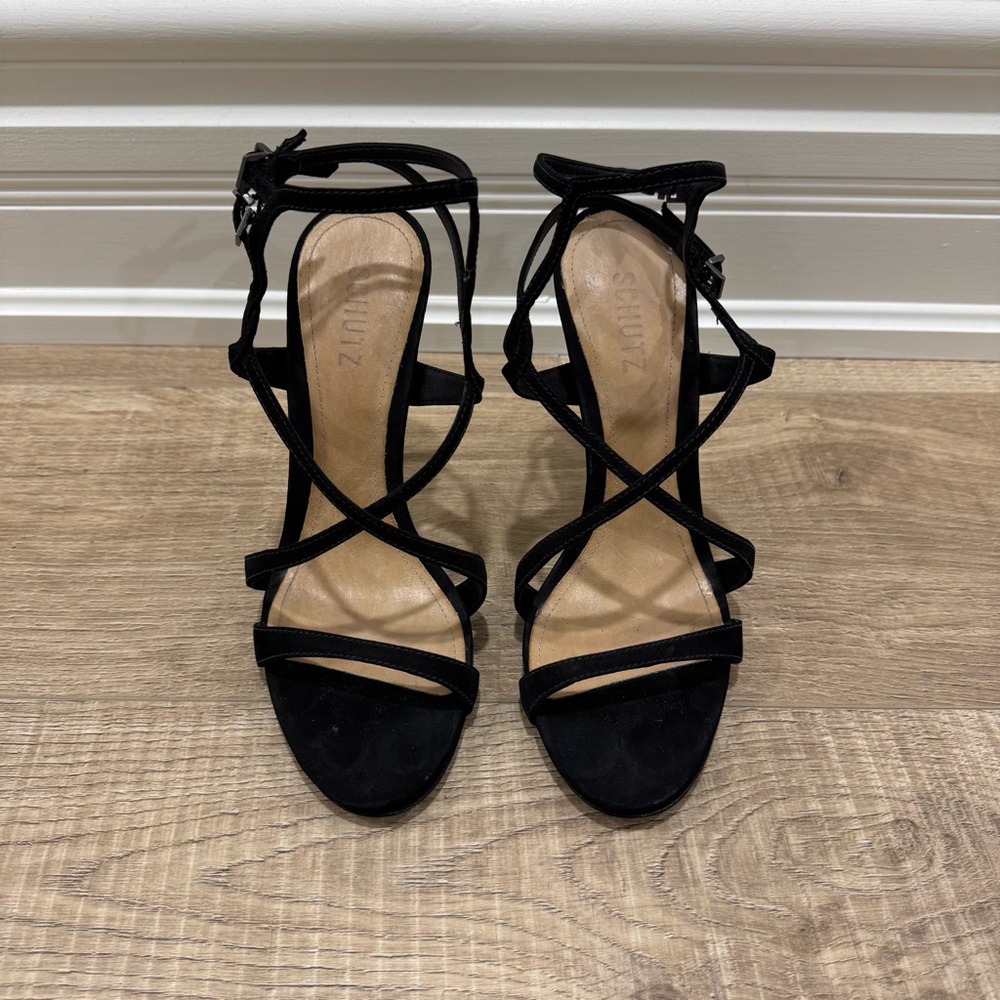 Schutz black suede high heels strappy shoes size 8.5 open toe cut outs 2 buckles